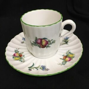 Spode Miniature Cup and Saucer, Fruit Scallop Design with Green Border